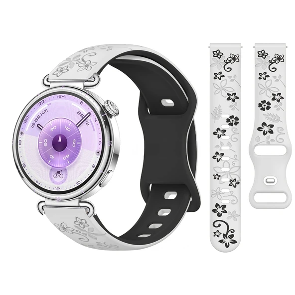 Huawei Watch GT6 41mm Uyumlu FloraFlex Çiçek Desenli Yumuşak Soft Silikon Kordon  Beyaz ürün görseli 1