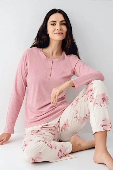 Pierre Cardin Paris Premium Kadın Desenli Modal Pamuklu Düğmeli Uzun Kollu Pijama Takım ürün görseli 1