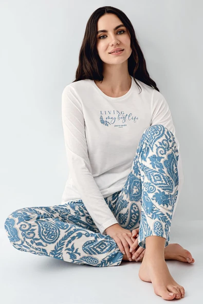 Pierre Cardin Kadın Lıvıng My Best Life Modal Pamuklu Krem Uzun Kollu Desenli Pijama Takım ürün görseli 1