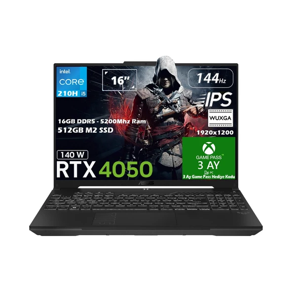 TUF Gaming F16 FX607VU-RL144-GAMING Intel Core 5 210H 16GB Ddr5 5200Mhz 512GB SSD RTX 4050 6GB (140W) 144Hz 16" IPS Panel WUXGA Freedos Taşınabilir Bilgisayar ürün görseli 1