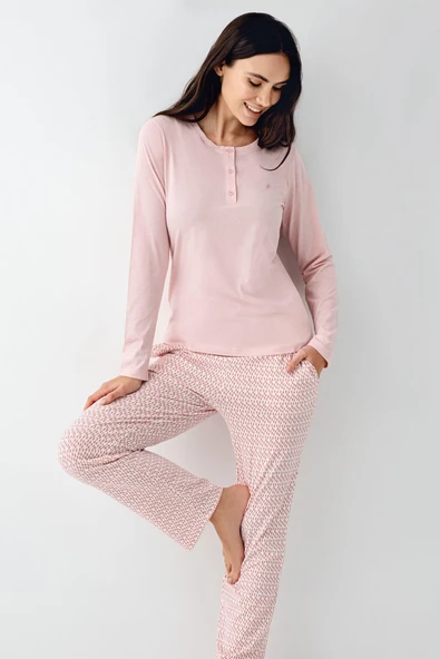 Pierre Cardin Paris Kadın Pembe Modal Pamuklu Uzun Kollu Rahat Pijama Takım ürün görseli 1