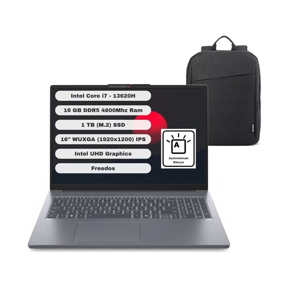 Ideapad Slim 3 16IRH10 GTICNT Intel Core I7 13620H 16GB 1tb SSD Freedos 16" Fhd 83K2001VTR + Çanta Hediyeli ürün görseli 1