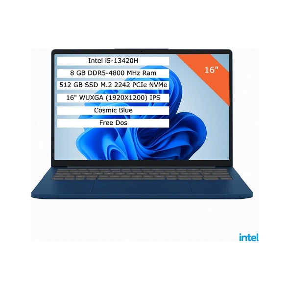 Ideapad Slim 3 Intel Core I5-13420H 8gb 512GB SSD 16" Wuxga IPS Fdos Taşınabilir Bilgisayar 83K2001RTR ürün görseli 1