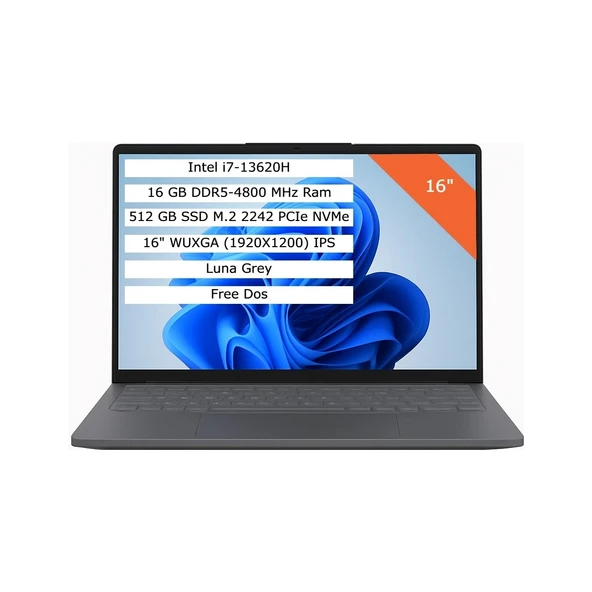 Ideapad Slim 3 Intel Core I7 13620H 16GB 512GB SSD 16" Wuxga IPS Fdos Taşınabilir Bilgisayar 83K2001WTR ürün görseli 1