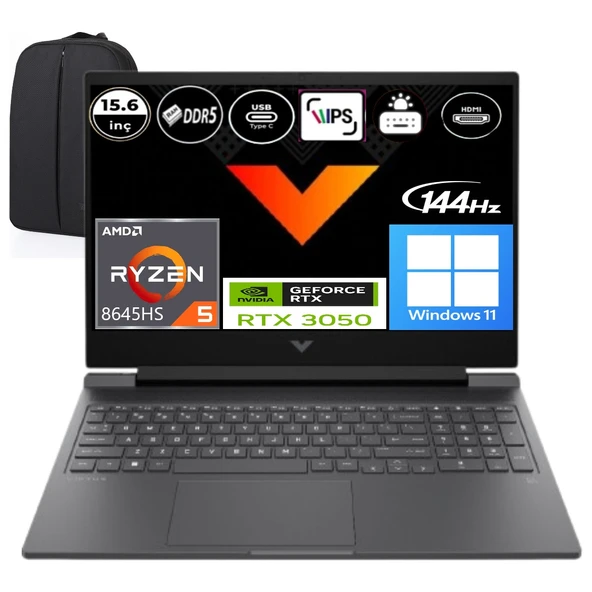 Victus Amd Ryzen 5-8645HS 16 GB Ram 512 GB RTX3050 6gb Windows 11 Pro 15.6" Fhd IPS 144Hz B9KM2EA + Elektropasaj Çanta ürün görseli 1