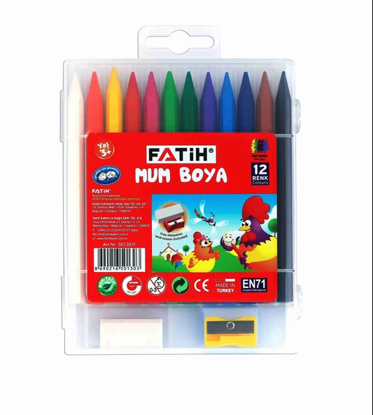 FATİH CRAYON MUM BOYA 12 RENK UZUN SİLGİ+ K.TRAŞ ürün görseli 1