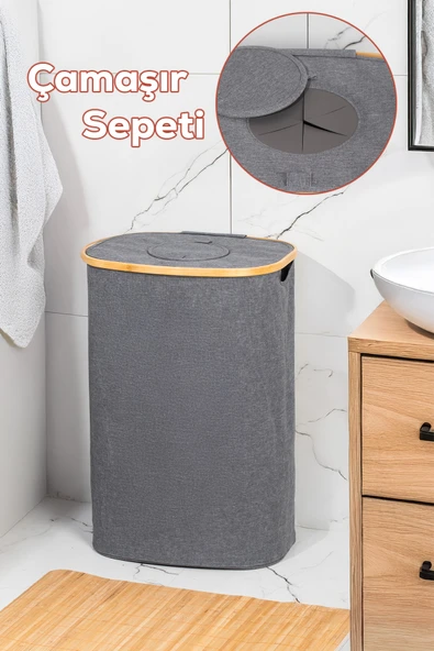 Porsima Mio-101 Bambu Banyo Kirli Çamaşır Sepeti Banyo Düzenleyici Sepet 44X66 cm ürün görseli 1