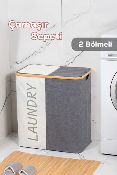 Porsima Mio-103 Bambu 2 Bölmeli Banyo Kirli Çamaşır Sepeti Banyo Düzenleyici Sepet 59X53,5 cm ürün görseli 1