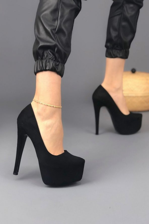 Kadın Siyah Süet Platform Ayakkabı 15 cm Platform Topuklu Ayakkabı - Resim 6