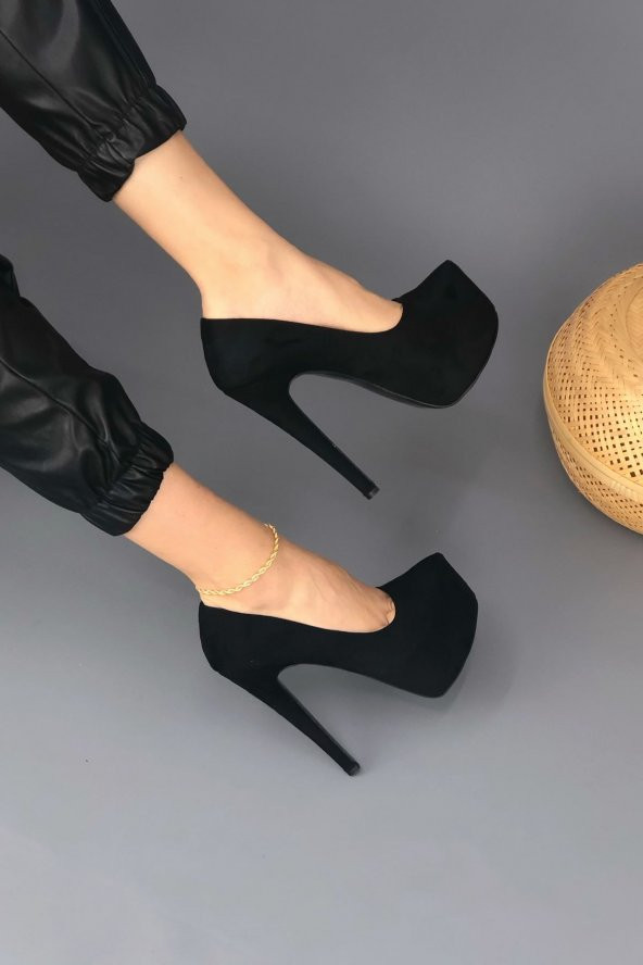 Kadın Siyah Süet Platform Ayakkabı 15 cm Platform Topuklu Ayakkabı - Resim 3