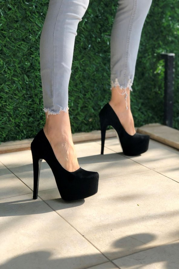 Kadın Siyah Süet Platform Ayakkabı 15 cm Platform Topuklu Ayakkabı - Resim 4