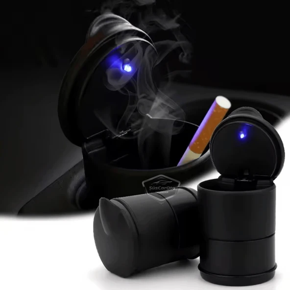 Üniversal Mavi Led Işıklı Spor Oto Küllük Kapaklı Bardaklıklı Araç İçi Küllük Araba Küllüğü Siyah ürün görseli 1