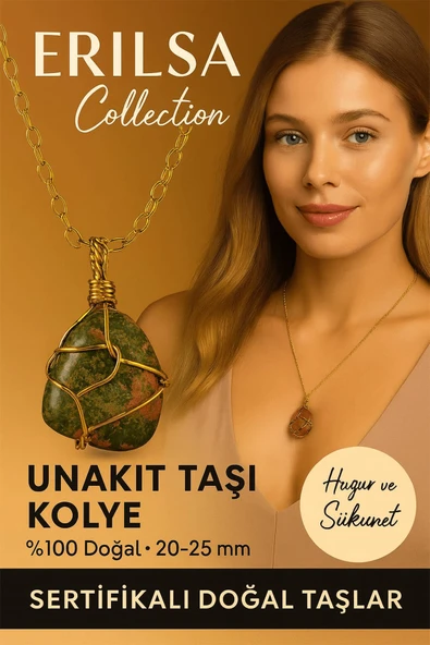 Sertifikalı Gold Tel Sargılı Doğal Unakit Taşı Kolye – Altın Kaplama Huzur ve Sükunet Taşı ürün görseli 1