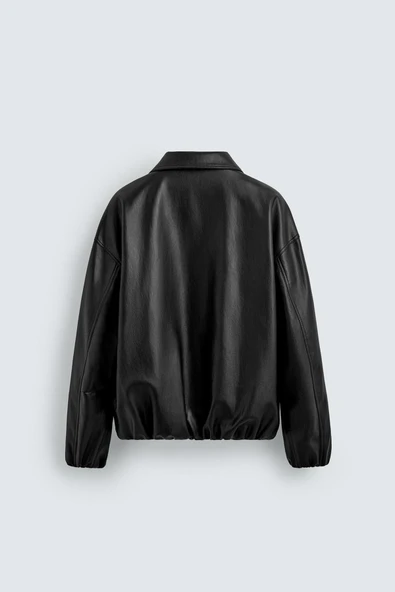 Oversize Siyah Deri Ceket - Resim 2
