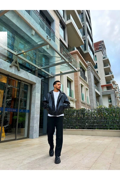 Vintage Erkek Oversize Siyah Deri Ceket - Resim 3