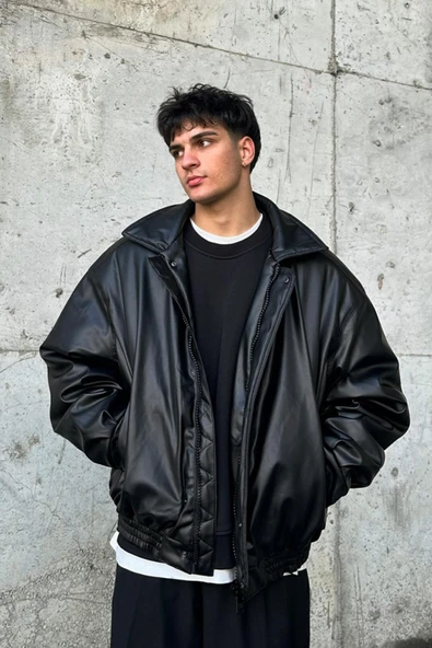 Oversize Vintage Erkek Siyah Deri Ceket ürün görseli 1