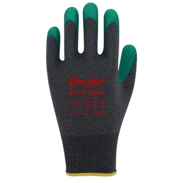 BEYBİ PL17 Flex 10 Beden Gri-Yeşil Polyesyter Likralı İpten Örülmüş Lateks Kaplı 12li Paket (3131X) ürün görseli 1