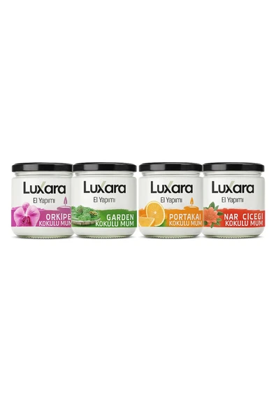 Luxara Home 4’lü El Yapımı Kokulu Mum Seti – Orkide, Garden, Portakal & Nar Çiçeği Dekoratif Cam Kavanoz ürün görseli 1