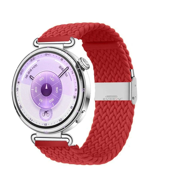 Sneezy Huawei Watch GT6 41mm İle Uyumlu Metal Klips Solo Fiberlink Kumaş Örgü Kordon  Kırmızı ürün görseli 1