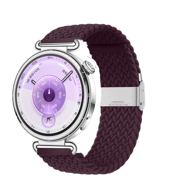 Sneezy Huawei Watch GT6 41mm İle Uyumlu Metal Klips Solo Fiberlink Kumaş Örgü Kordon  Mürdüm ürün görseli 1