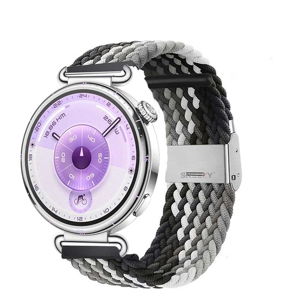 Sneezy Huawei Watch GT6 41mm İle Uyumlu Metal Klips Solo Fiberlink Kumaş Örgü Kordon  Siyah Beyaz ürün görseli 1