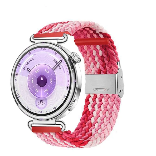 Sneezy Huawei Watch GT6 41mm İle Uyumlu Metal Klips Solo Fiberlink Kumaş Örgü Kordon  Kırmızı Beyaz ürün görseli 1