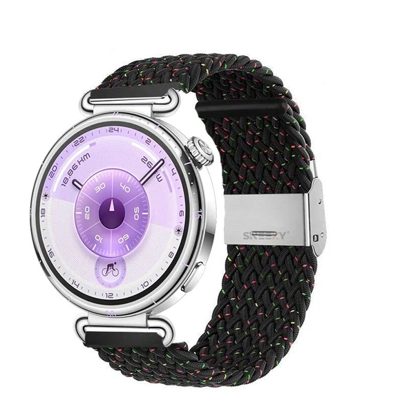 Sneezy Huawei Watch GT6 41mm İle Uyumlu Metal Klips Solo Fiberlink Kumaş Örgü Kordon  Gökkuşağı Siyah ürün görseli 1