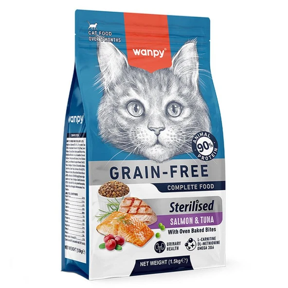 Wanpy Tahılsız Somon ve Ton Balıklı Kısırlaştırılmış Kedi Maması 1,5 kg ürün görseli 1