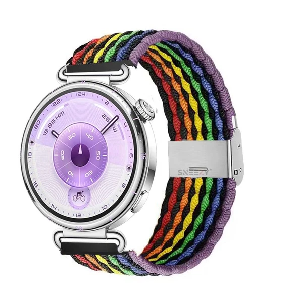 Sneezy Huawei Watch GT6 41mm İle Uyumlu Metal Klips Solo Fiberlink Kumaş Örgü Kordon  Siyah Gökkuşağı ürün görseli 1