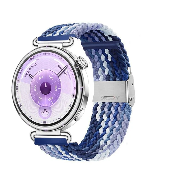 Sneezy Huawei Watch GT6 41mm İle Uyumlu Metal Klips Solo Fiberlink Kumaş Örgü Kordon  Mavi Beyaz ürün görseli 1