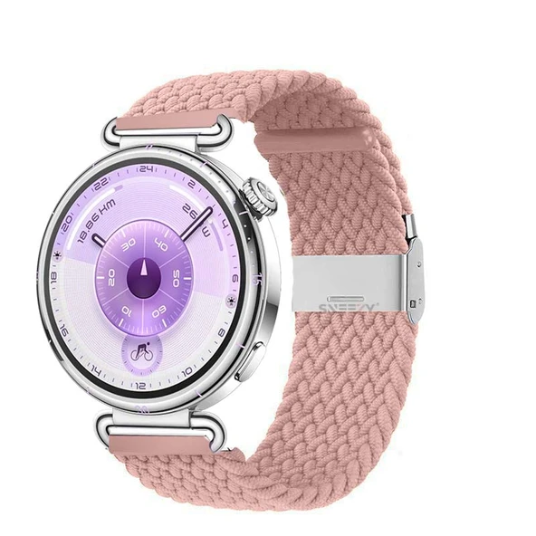 Sneezy Huawei Watch GT6 41mm İle Uyumlu Metal Klips Solo Fiberlink Kumaş Örgü Kordon  Pembe ürün görseli 1
