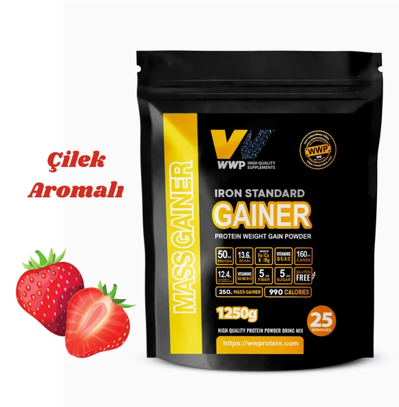 WWP IRON STANDARD GAINER . Gerçek Sporcular İçin Premium Kilo ve Kas Kazandırıcı . 1250g . Çilek Aromalı. ürün görseli 1