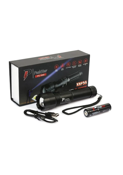 PeakStar Ps-1600 Süper Parlak Led Zoomlu 5 Mod Su Geçirmez Profesyonel Kamp Bekçi Avcı Feneri ürün görseli 1