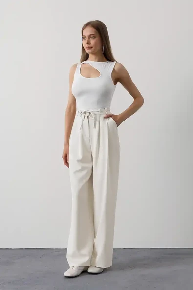 Pileli Bağcıklı Oversize Pantolon - Resim 5