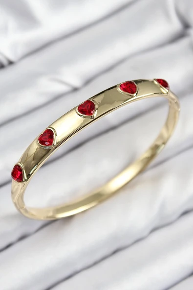 Pirinç Zirkon Taşlı Kırmızı Kalp Model Gold Renk Kadın Kelepçe - TJ-BB7683 ürün görseli 1