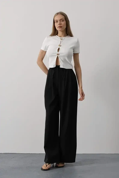 Pileli Bağcıklı Oversize Pantolon - Resim 3
