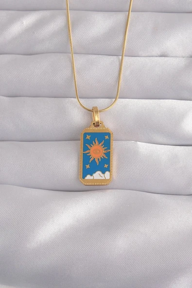 316L Çelik Gold Renk Mavi Mineli Güneş Model Tarot Kolye - TJ-BKO9026 ürün görseli 1