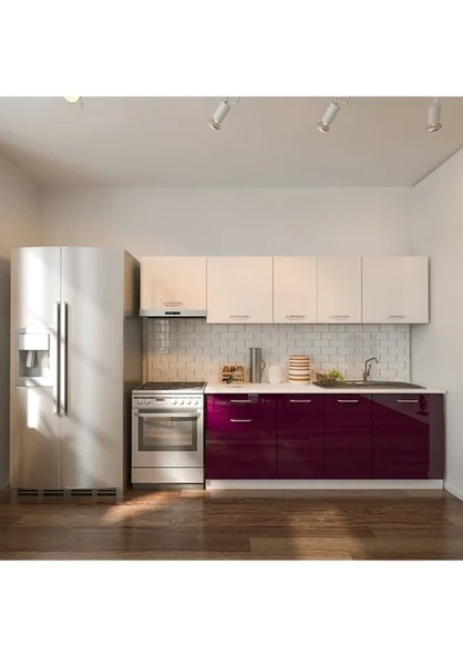 T Designo Nisan Hazır Mutfak Dolabı 260 cm Parlak Mürdüm ve Beyaz Tezgah Dahil ürün görseli 1