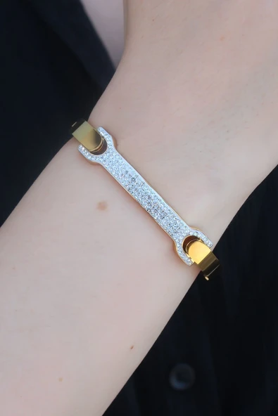 316L Çelik Gold Renk Zirkon Taşlı Kadın Kelepçe - TJ-BB5285 ürün görseli 1