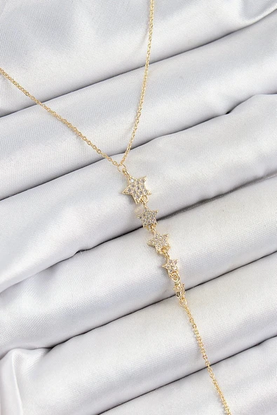 Pirinç Zirkon Taşlı Sıralı Yıldız Figürlü Y Model Gold Renk Kadın Kolye - TJ-BKO10314 ürün görseli 1