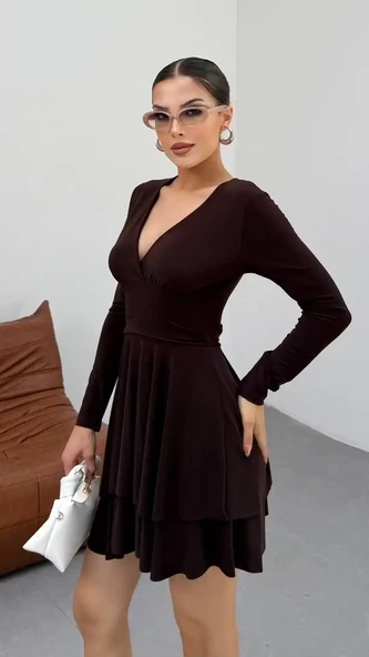 KRUVAZE YAKA CIFT KAT ELBISE - Resim 3
