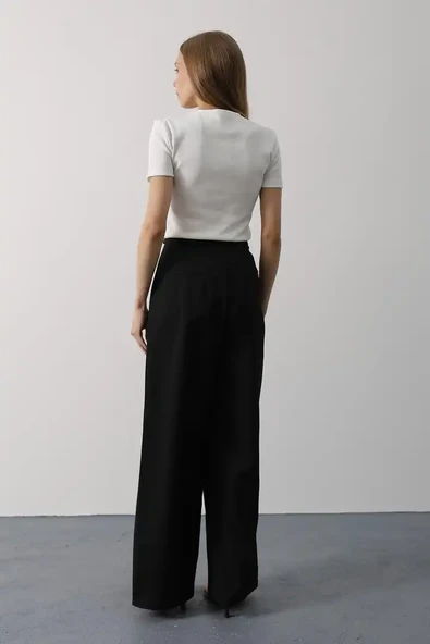 Pileli Bağcıklı Oversize Pantolon - Resim 2