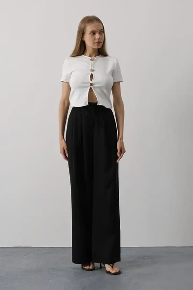 Pileli Bağcıklı Oversize Pantolon - Resim 4