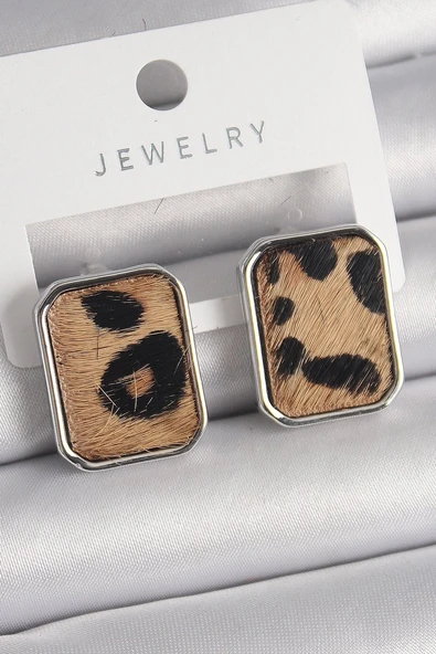 Pirinç Gümüş Renk Leopar Desenli Kare Model Kadın Küpe - TJ-BKP9888 ürün görseli 1
