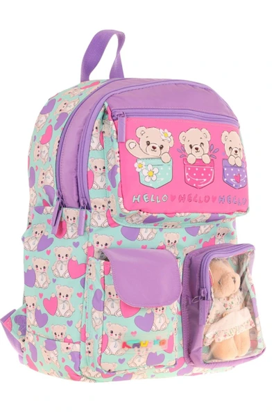KAUKKO Kız Çocuk Peluş Ayıcıklı İlkokul Okul Sırt Çantası - Yeşil Mor - L5239 ürün görseli 1
