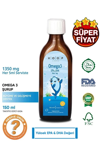 Voop Çocuklar için Balık Yağı Omega 3 Portakal Aromalı Şurup | Yüksek EPA & DHA Kaynağı  - 150 ml ürün görseli 1