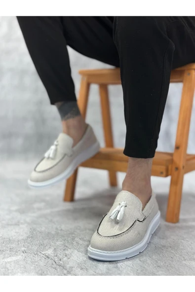 Byshoes BA0005 Bağcıksız Yüksek Taban Klasik Keten Beyaz Püsküllü Erkek Ayakkabı ürün görseli 1