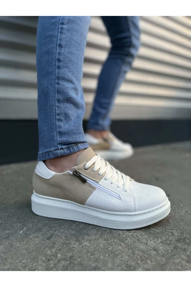 Joy Ayakkabı JY155 Warrior Bağcıklı ve Fermuarlı Cilt Süet Erkek Günlük Sneaker Ayakkabı CSBT - Beyaz/Krem ürün görseli 1