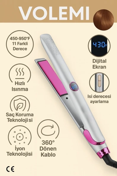 Volemi Vm-004 Profesyonel Seramik Plakalı Saç Düzleştirici Hızlı Isınma Dijital Led Ekran ürün görseli 1