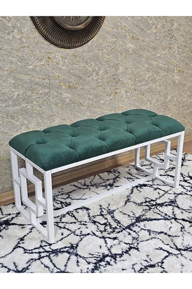 Beyaz Boyalı İçi Kareli Diktörtgen 100 cm x 40 cm Oturak Puf - Bench - Makyaj Oturağı - Oturak Yeşil Renk 100 x 40 Boyut/Ebat ürün görseli 1
